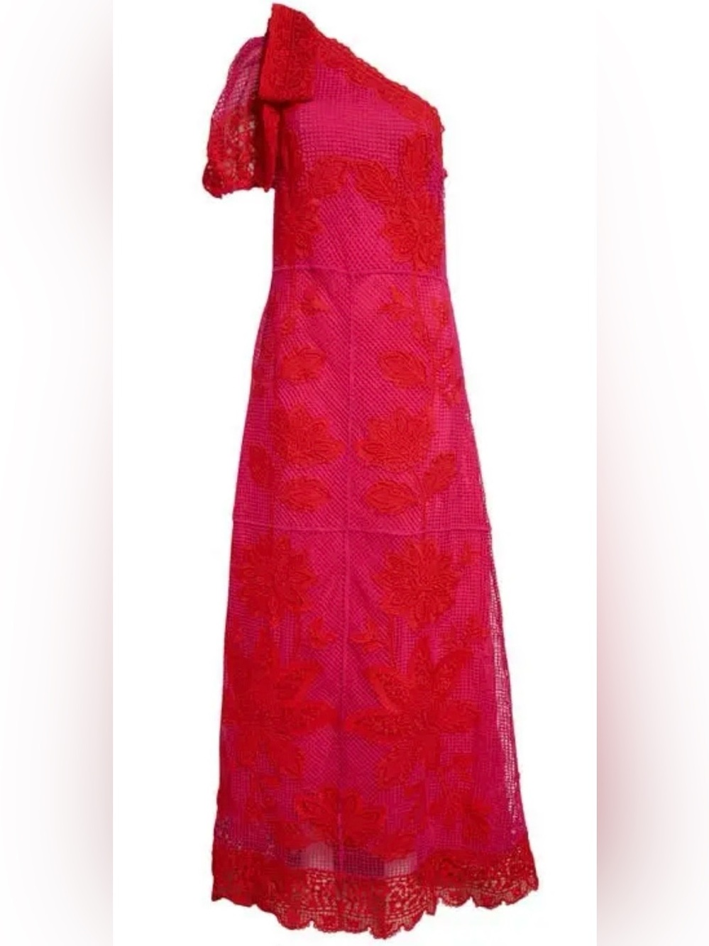 FARM Rio One-Shoulder Red & Hot Pink Lace Maxi Dress